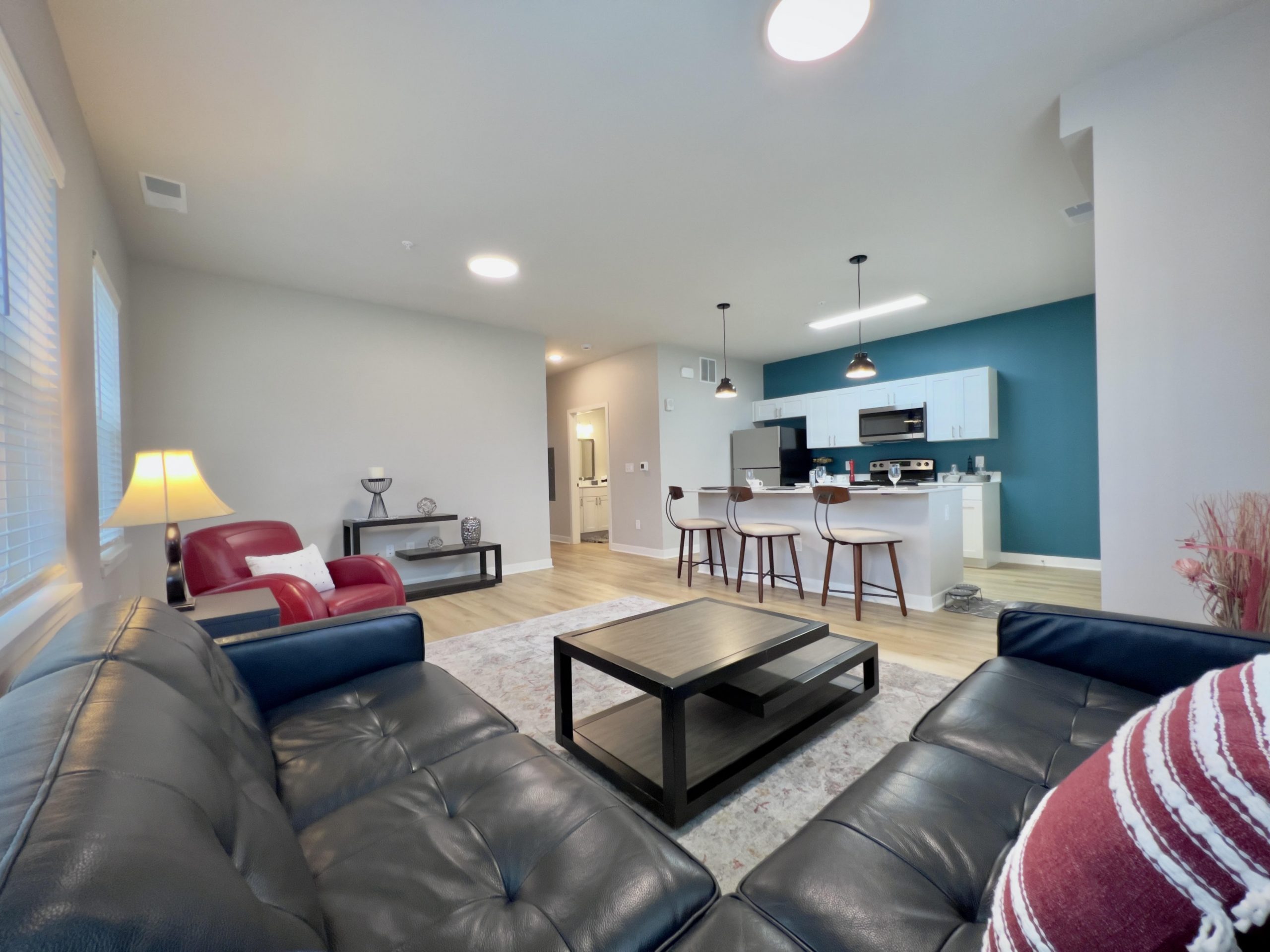 living room of 2 bedroom townhome at Water's Edge Apartments in Bloomington